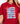 Red t-shirt with American flag design and text on a plain background