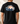Black t-shirt with a graphic of a man and his dog  in a boat on the back, set against a plain background.