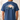 blue t-shirt with a graphic of a man and his dog  in a boat on the back, set against a plain background.